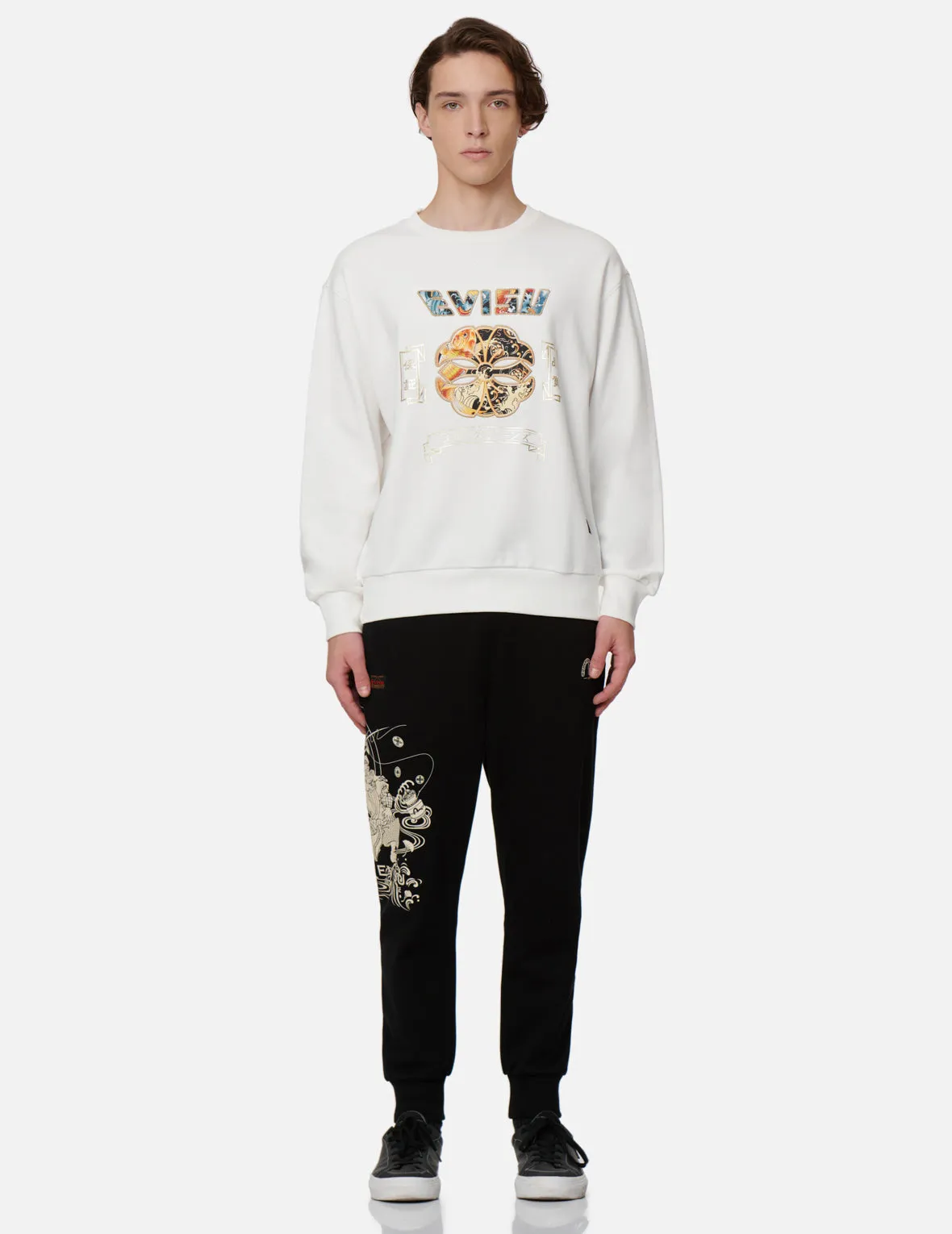 Koi and Wave Pattern Kamon Print Sweatshirt