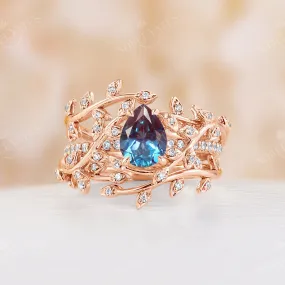 Lab Alexandrite Pear Bridal Set Nature Inspired Branch Leaf Ring Rose Gold