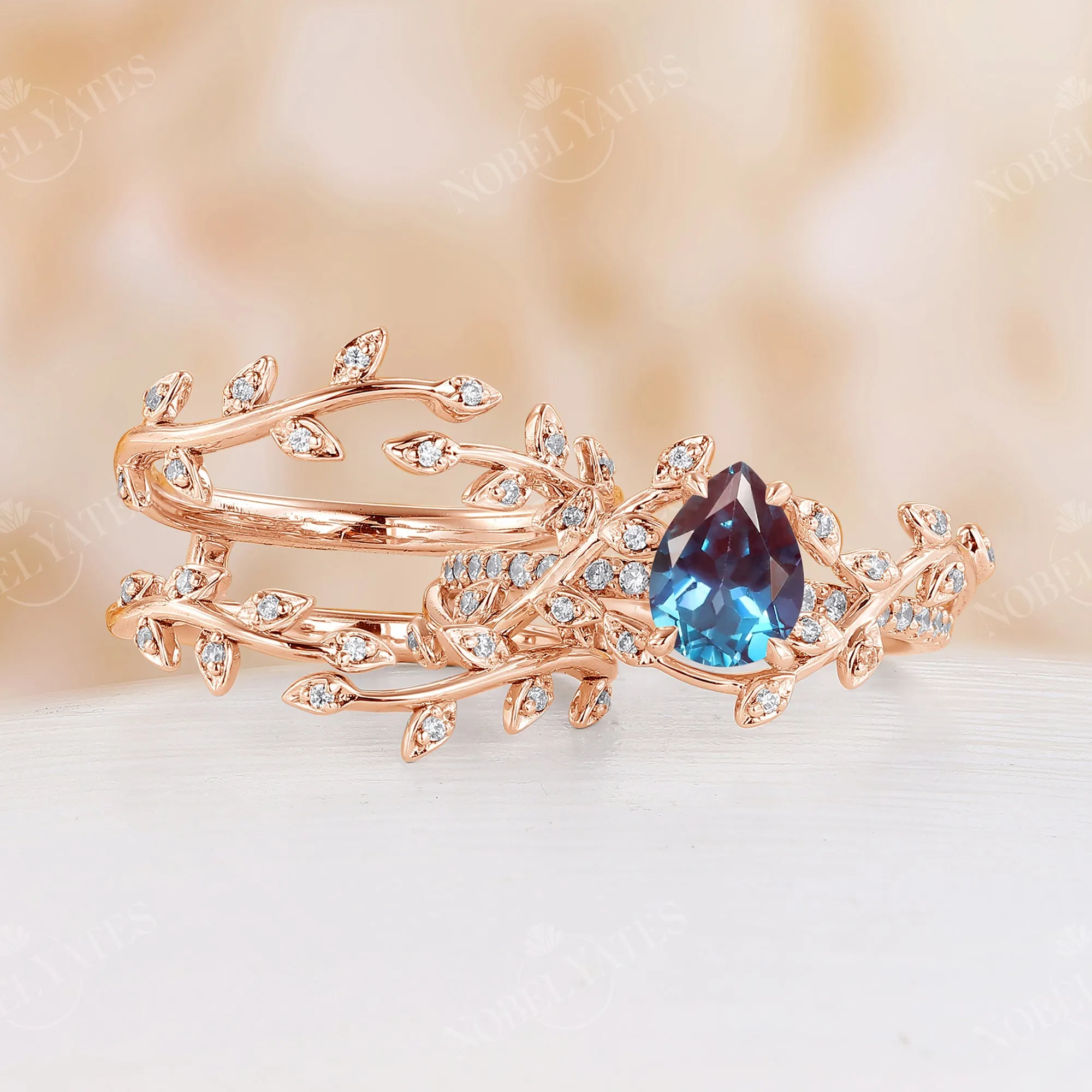 Lab Alexandrite Pear Bridal Set Nature Inspired Branch Leaf Ring Rose Gold