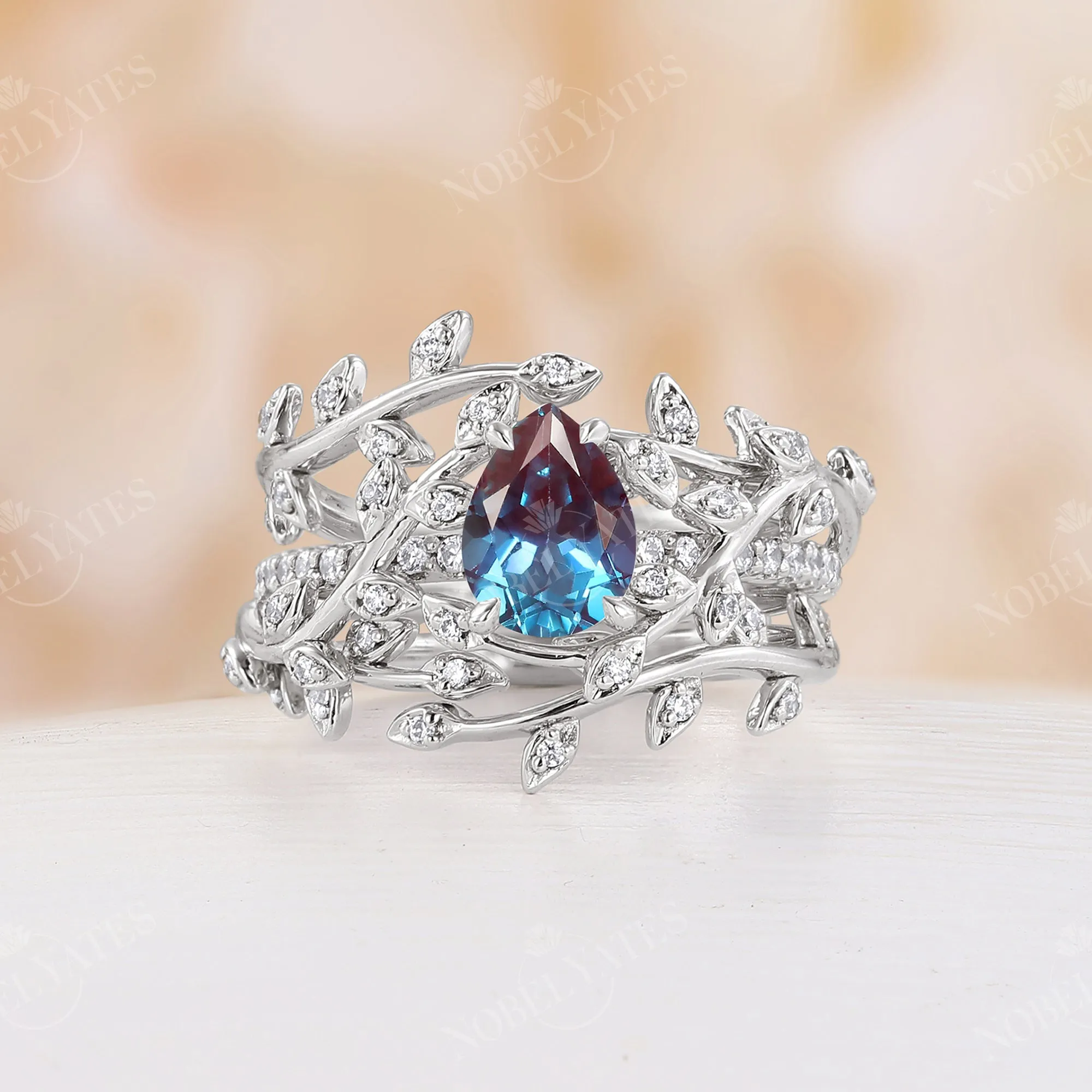 Lab Alexandrite Pear Bridal Set Nature Inspired Branch Leaf Ring Rose Gold