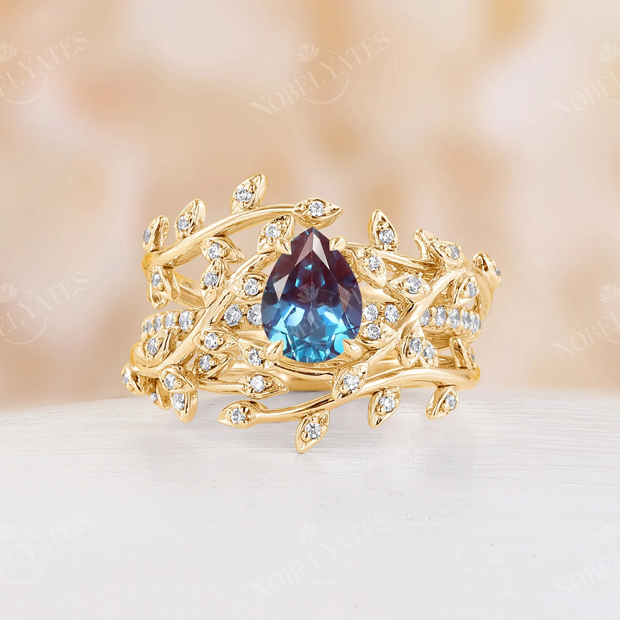 Lab Alexandrite Pear Bridal Set Nature Inspired Branch Leaf Ring Rose Gold