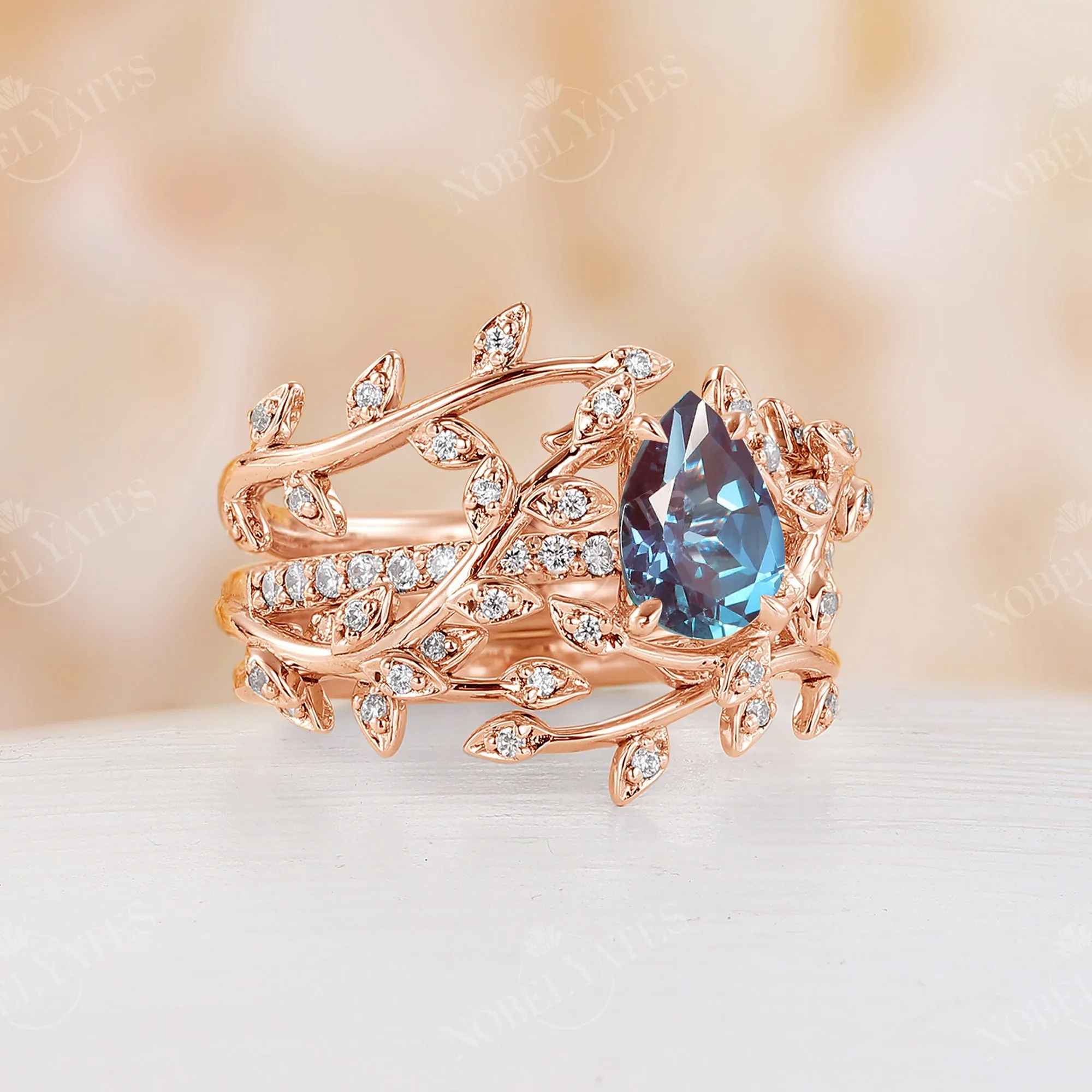 Lab Alexandrite Pear Bridal Set Nature Inspired Branch Leaf Ring Rose Gold