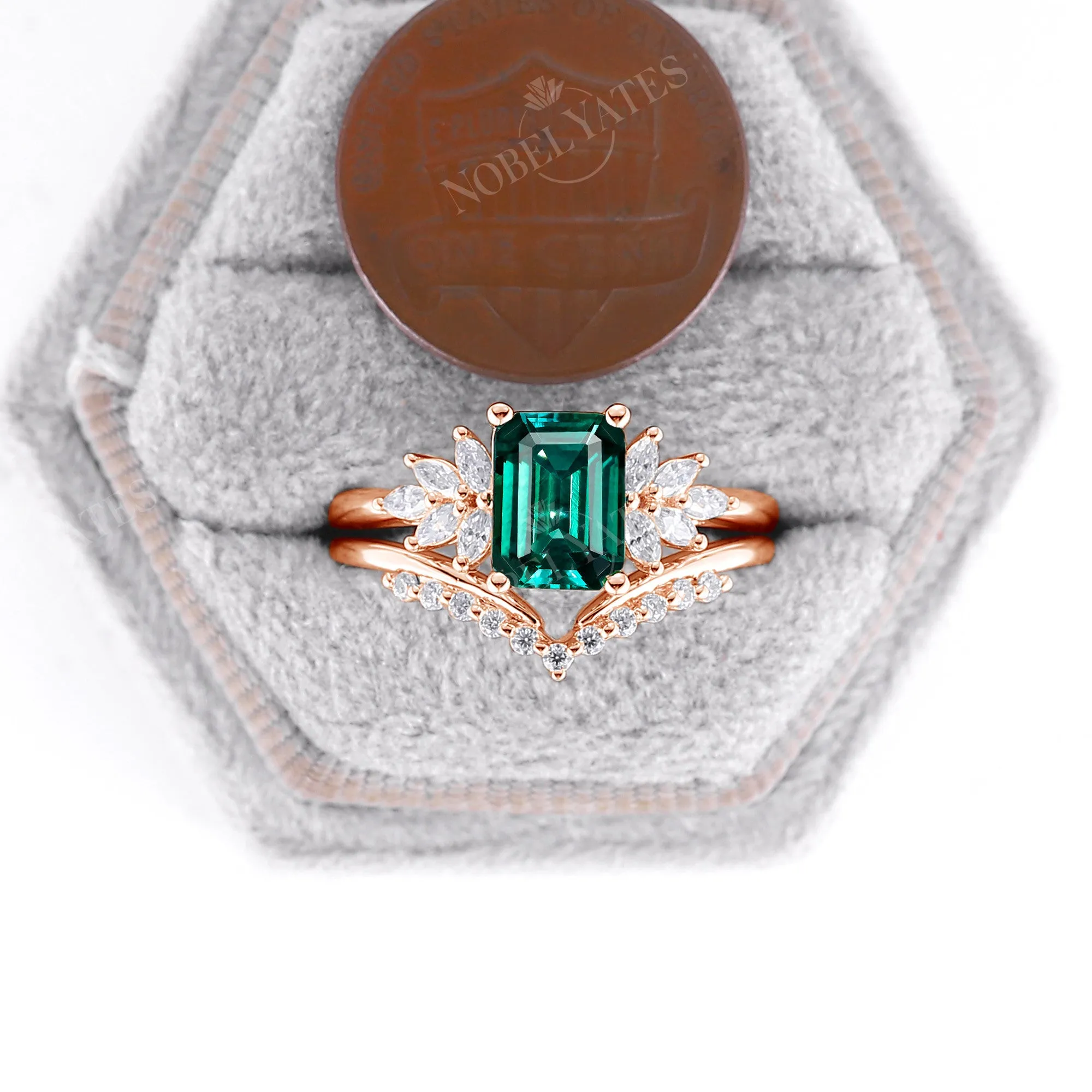 Lab Emerald & Moissanite Cluster Engagement Ring Set Rose Gold