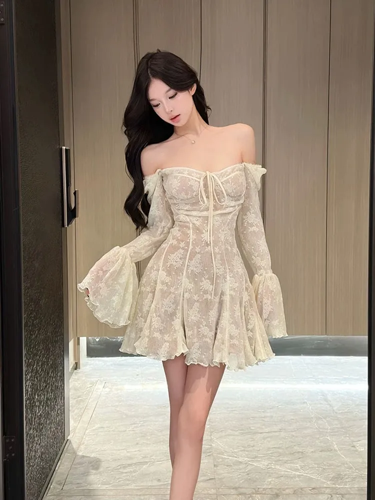 Large size French pure lust sexy lace square neck trumpet sleeve dress female autumn and winter sweet hot girl waist slimming sh