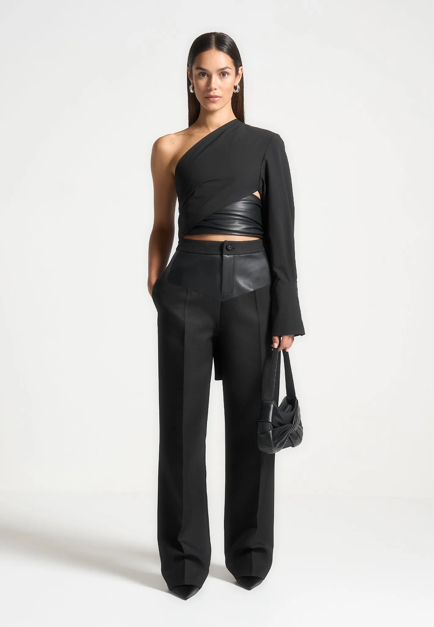 Leather Panel Tailored Trousers - Black