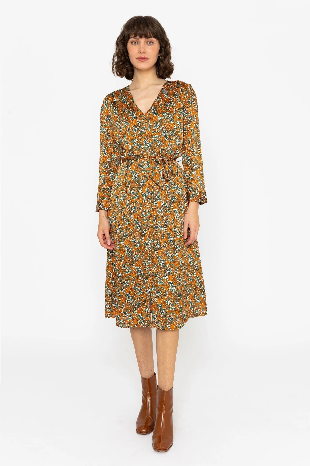 Long Sleeve Green & Orange Floral Jennifer Midi Dress