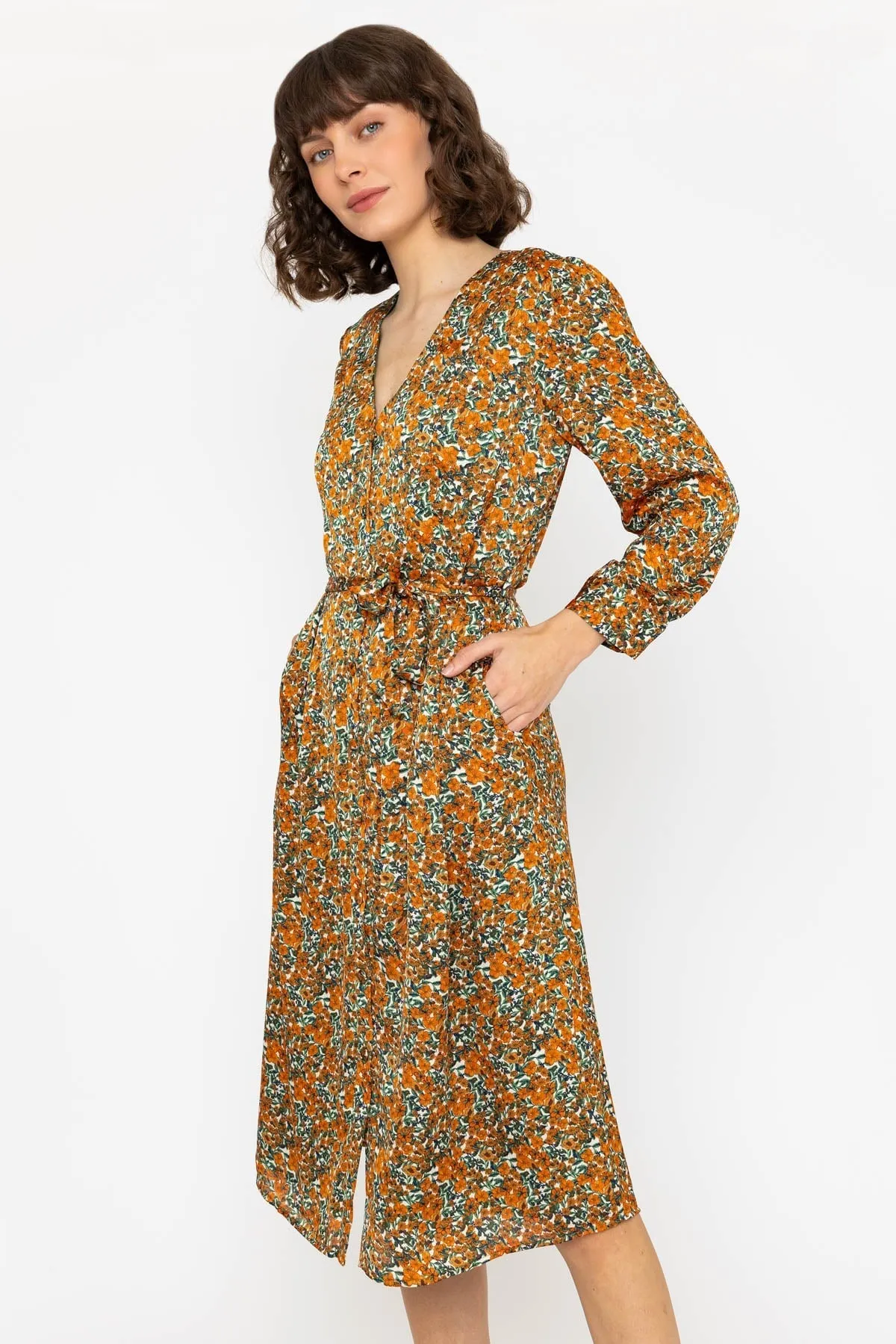 Long Sleeve Green & Orange Floral Jennifer Midi Dress