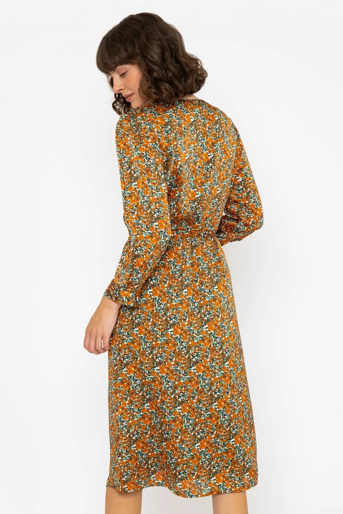 Long Sleeve Green & Orange Floral Jennifer Midi Dress