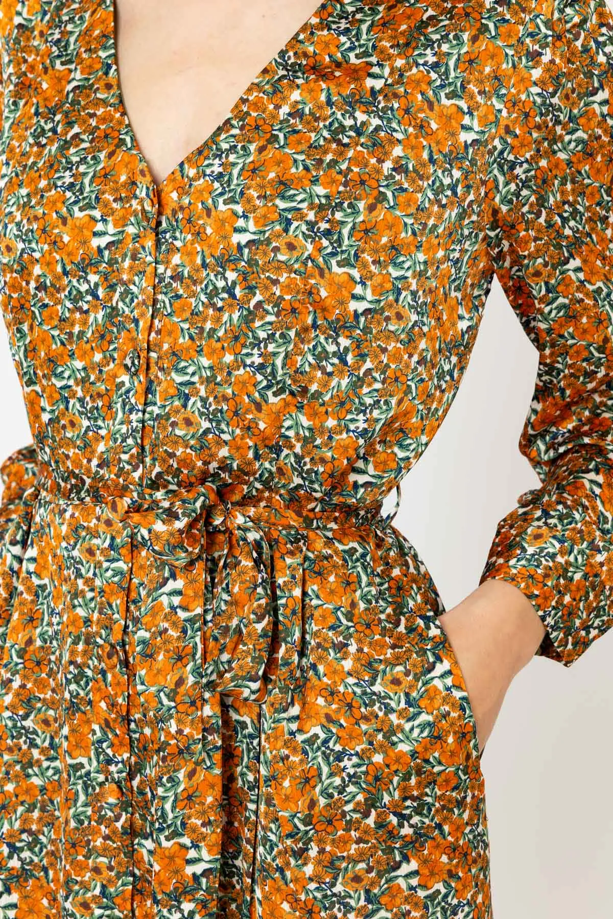 Long Sleeve Green & Orange Floral Jennifer Midi Dress