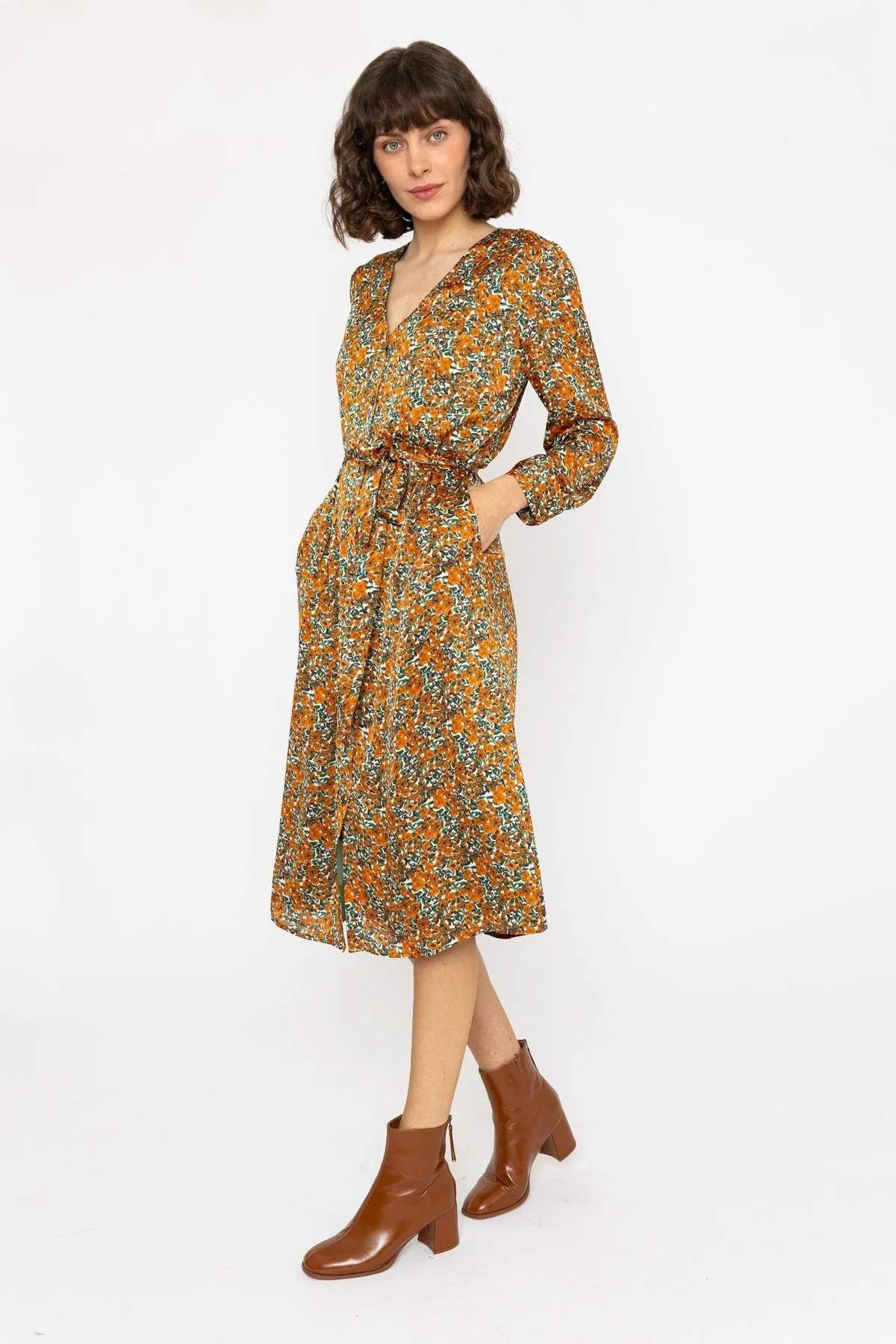 Long Sleeve Green & Orange Floral Jennifer Midi Dress