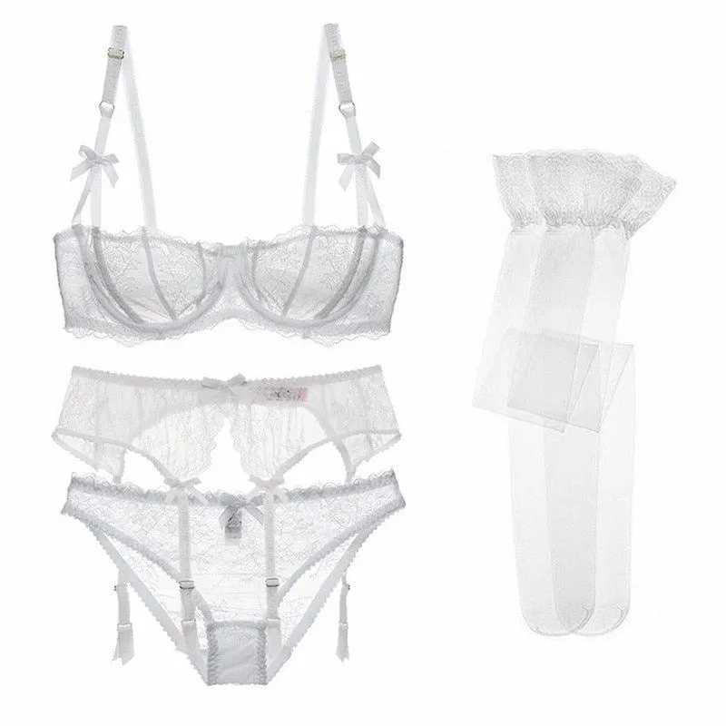 Luxury Half Cup Lace Transparent Sexy Lingerie Ultra-thin Solid Shell Style 4 Pieces