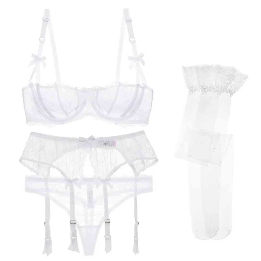 Luxury Half Cup Lace Transparent Sexy Lingerie Ultra-thin Solid Shell Style 4 Pieces