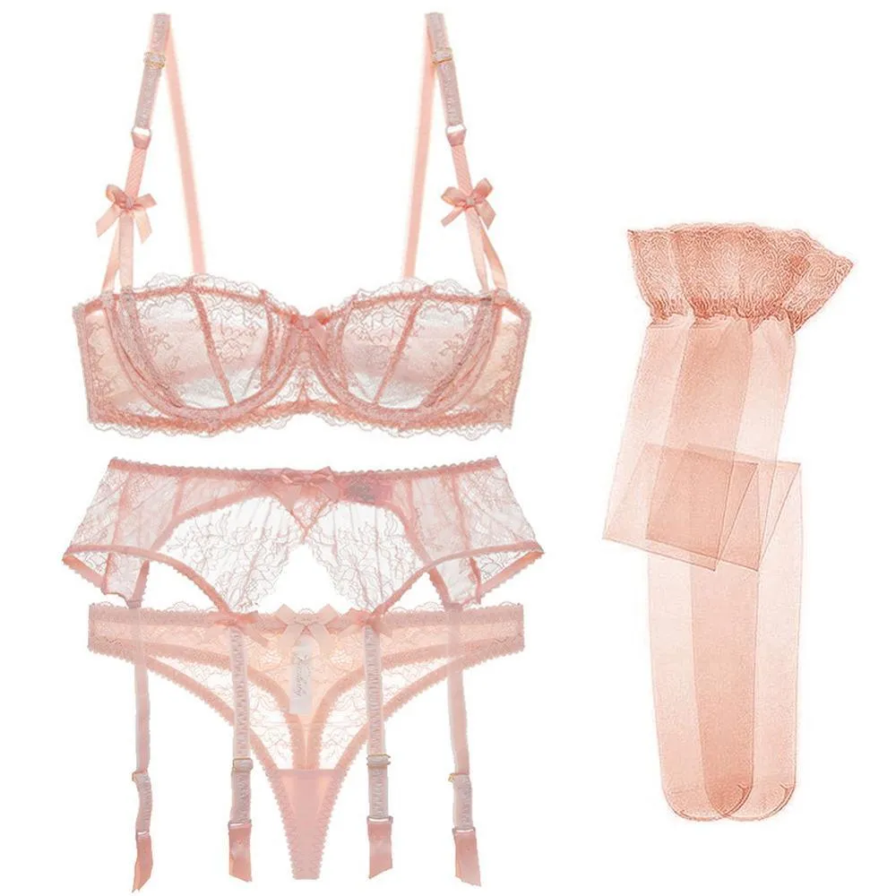 Luxury Half Cup Lace Transparent Sexy Lingerie Ultra-thin Solid Shell Style 4 Pieces