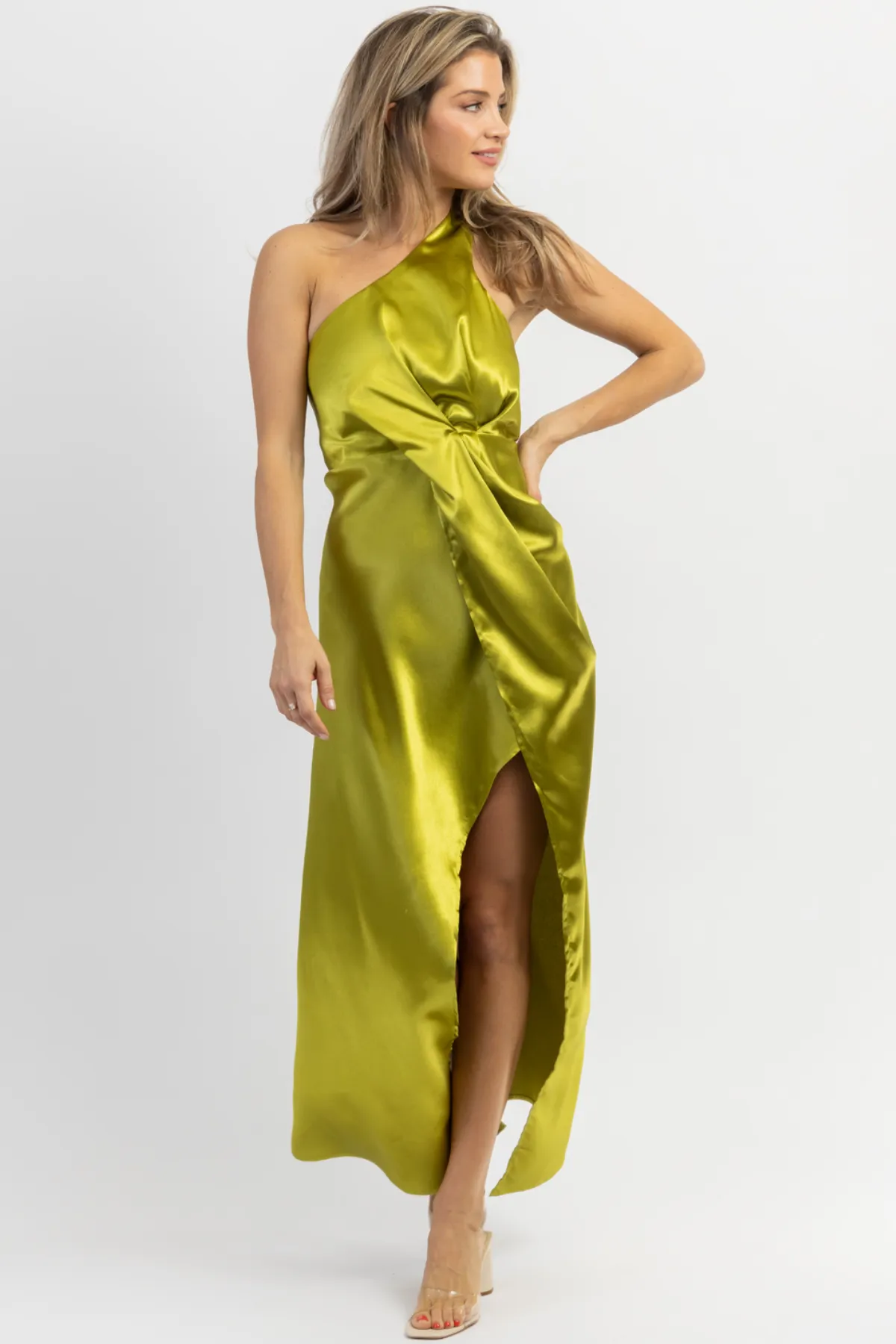 MARTINI HOUR ONE SHOULDER SATIN MIDI DRESS