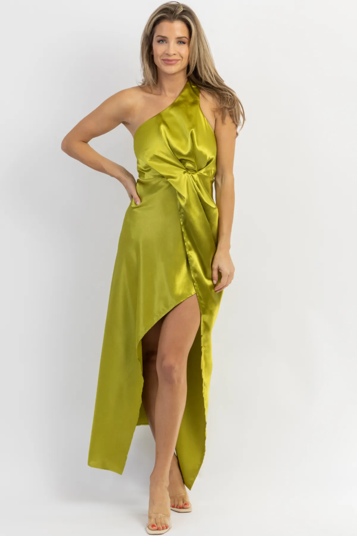 MARTINI HOUR ONE SHOULDER SATIN MIDI DRESS