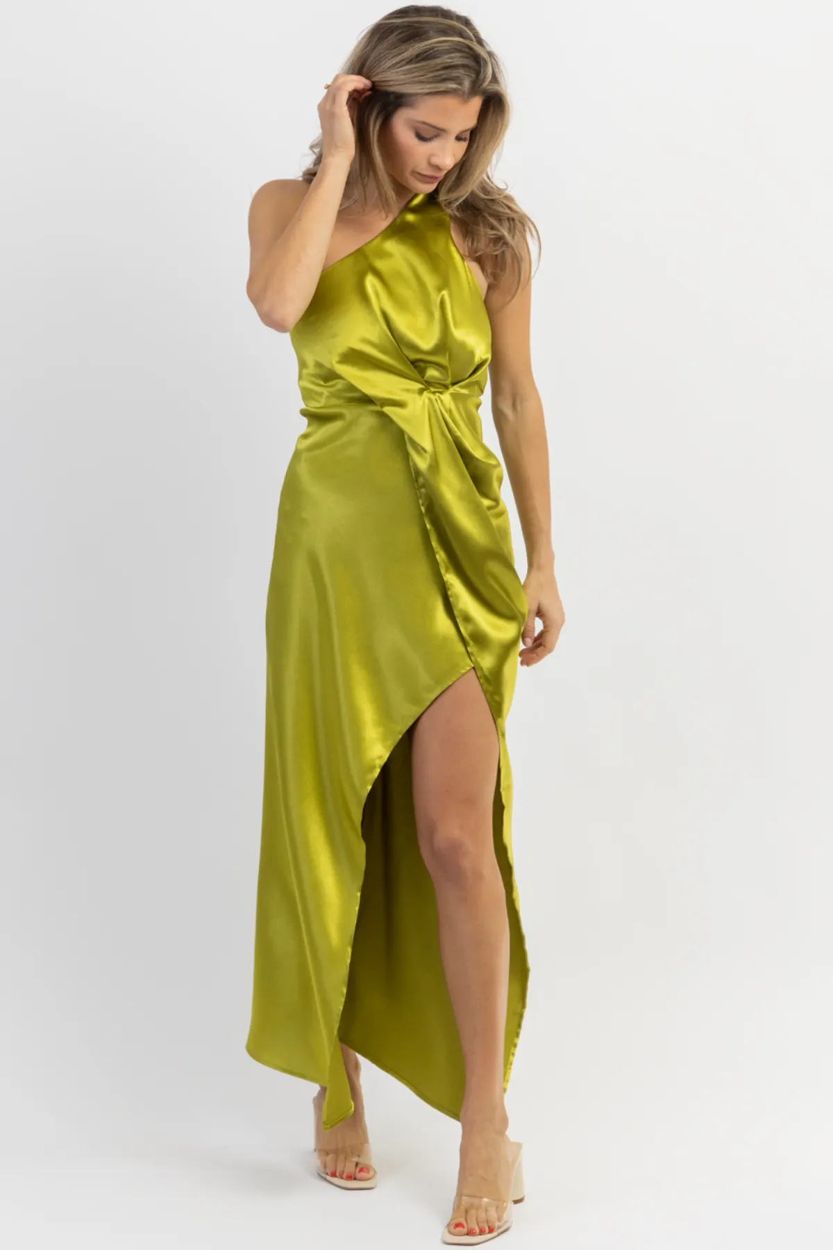 MARTINI HOUR ONE SHOULDER SATIN MIDI DRESS