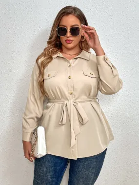 Melo Apparel Plus Size Tie Belt Long Sleeve Blouse