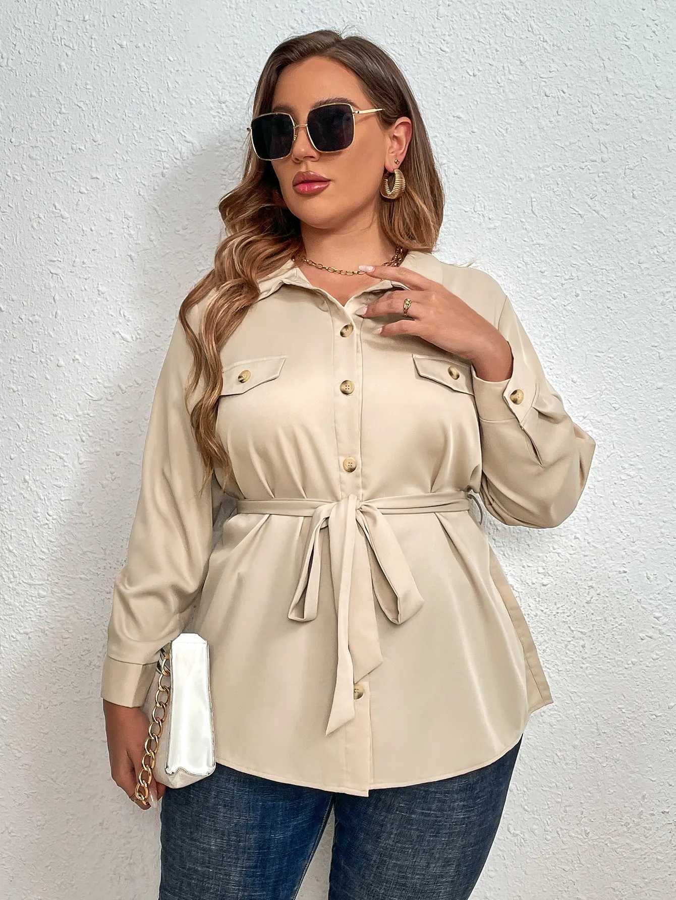 Melo Apparel Plus Size Tie Belt Long Sleeve Blouse