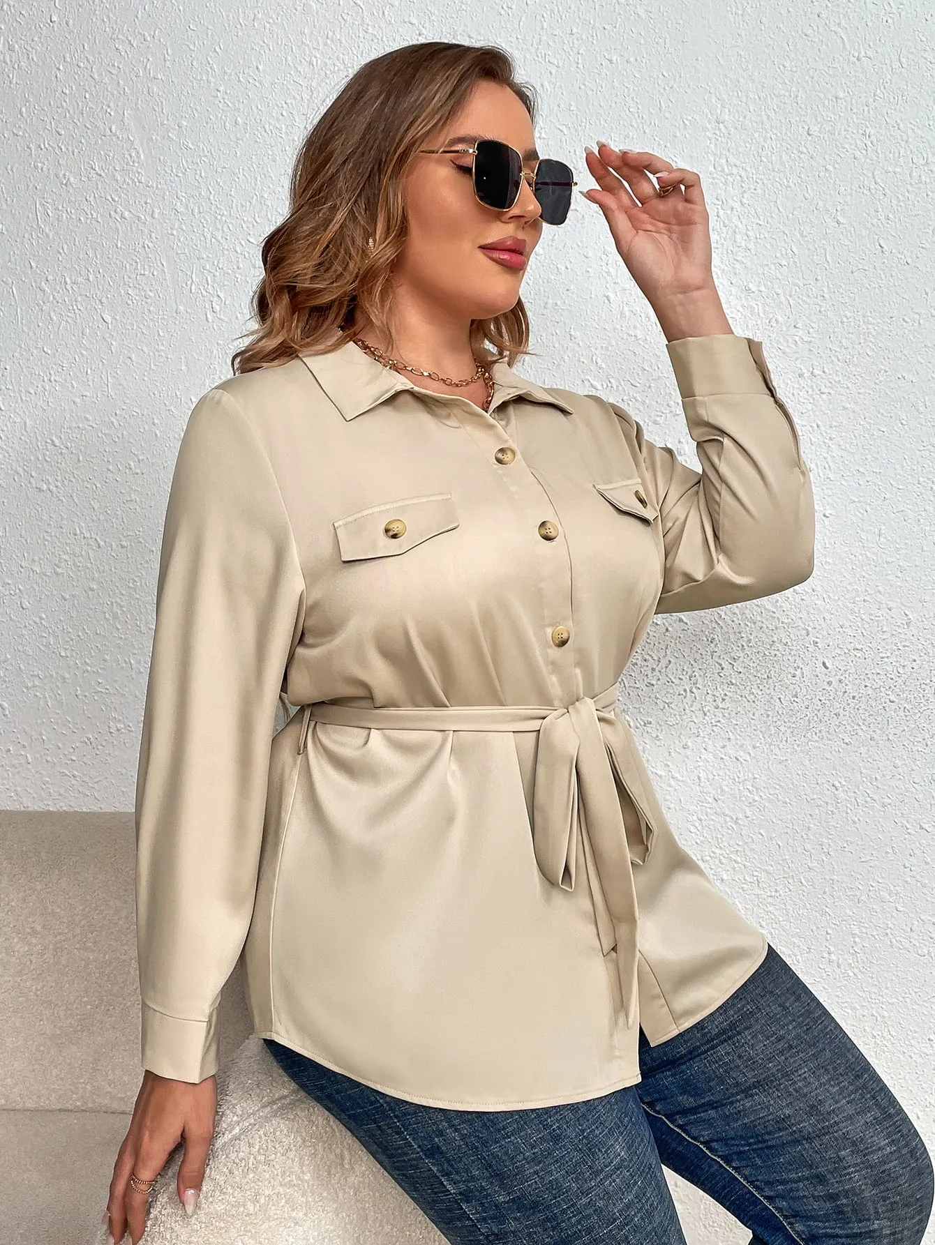 Melo Apparel Plus Size Tie Belt Long Sleeve Blouse