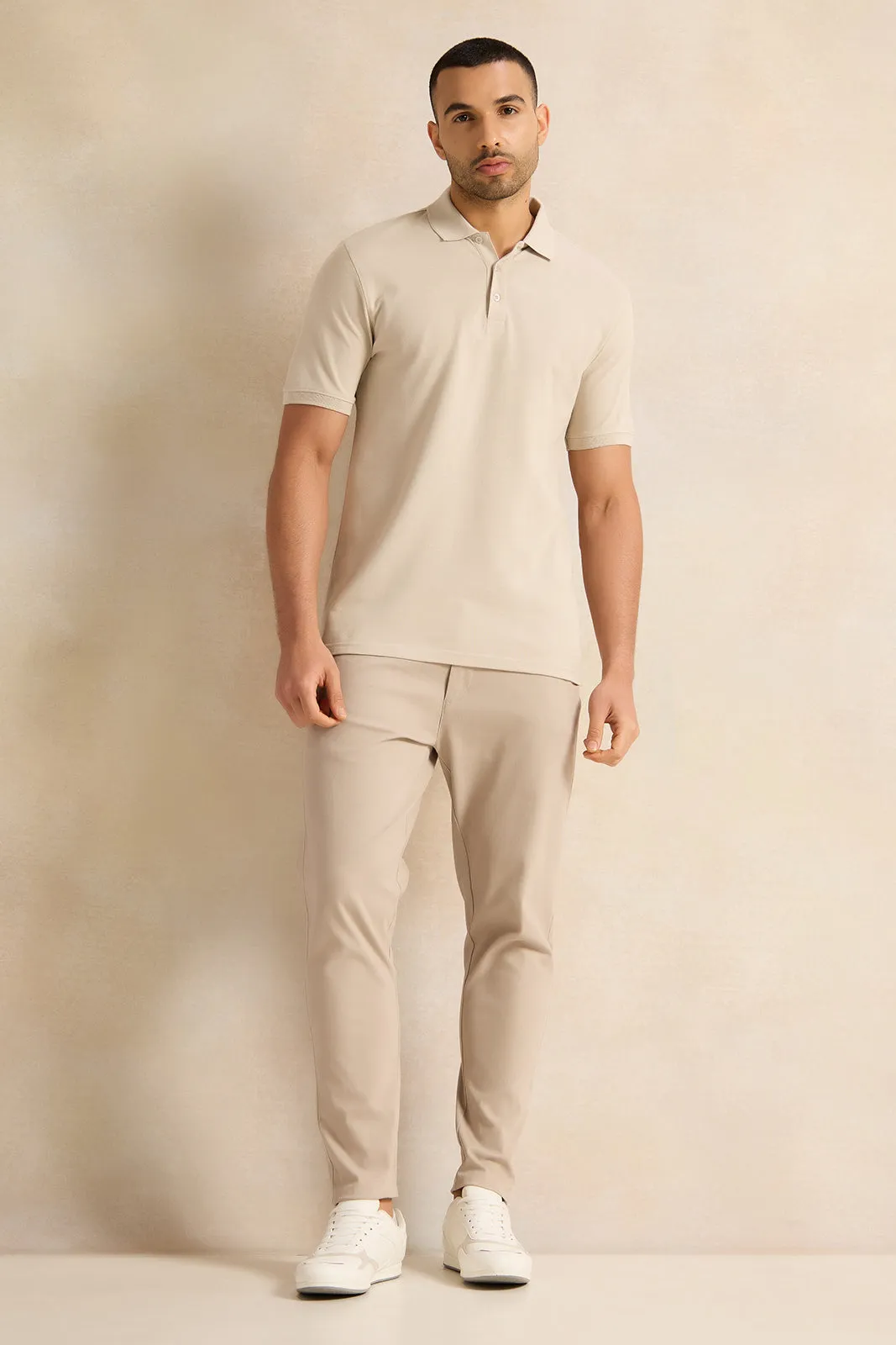 Men Beige Solid Polo Shirt