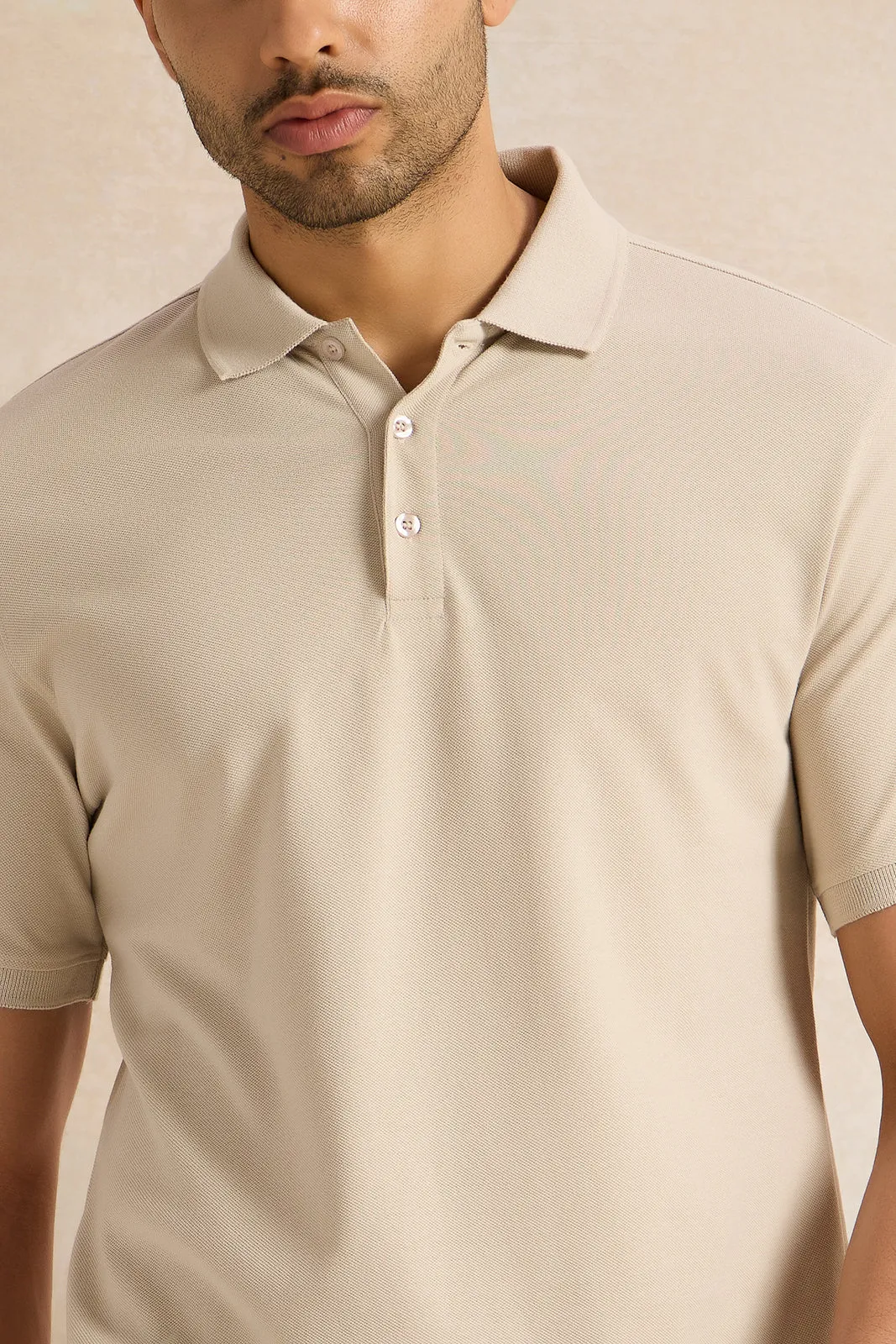 Men Beige Solid Polo Shirt