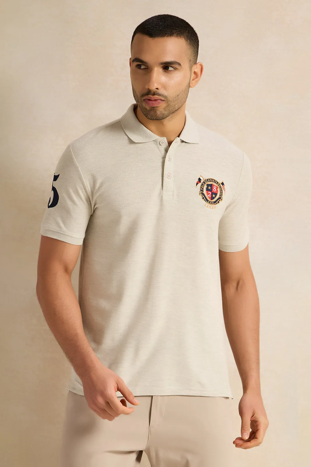 Men Ecru Badge Polo Shirt