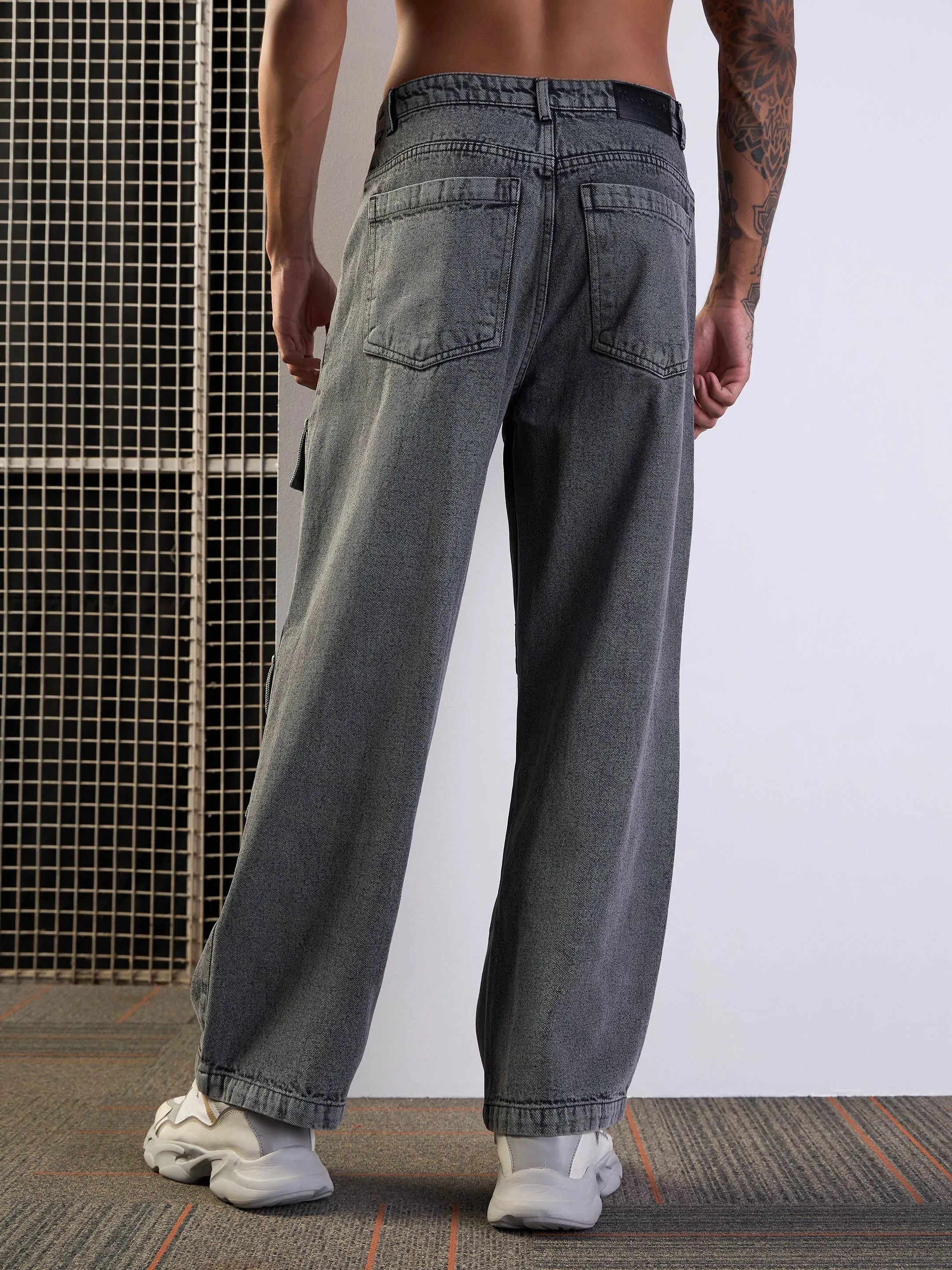 Men Grey Washed Multi Pocket Baggy Jeans