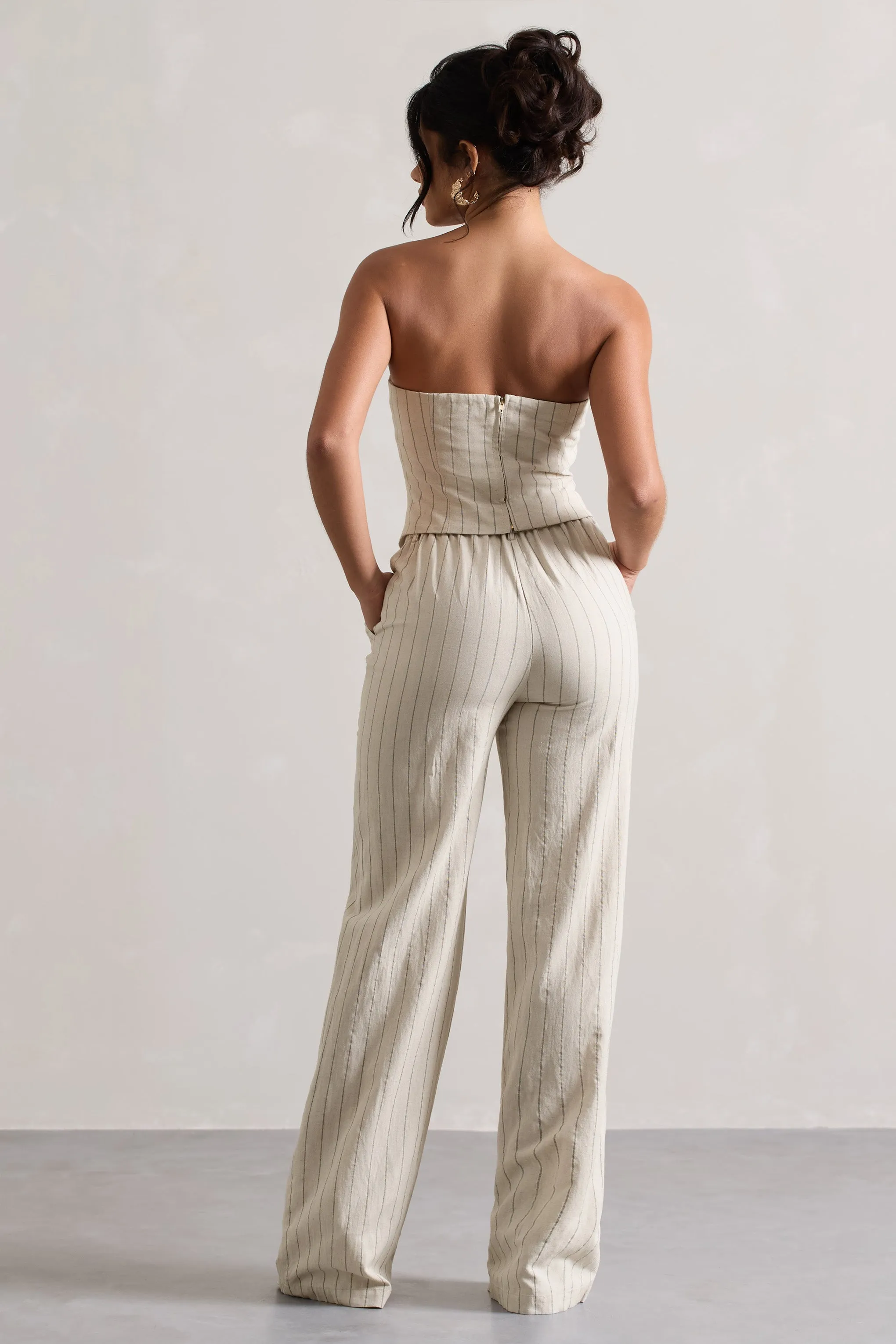 Missed Out | Beige Pinstripe Wide-Leg Trousers