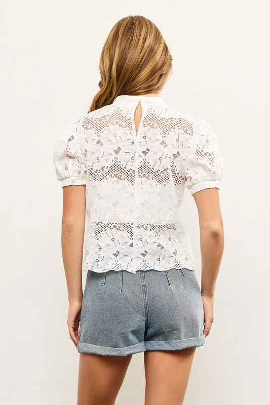 Mock Neck Puff Shoulder Lace Top