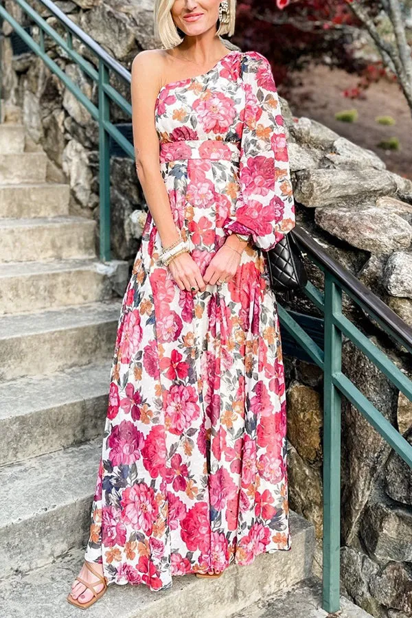 Modern Fairytale Multi Floral One Shoulder Maxi Dress