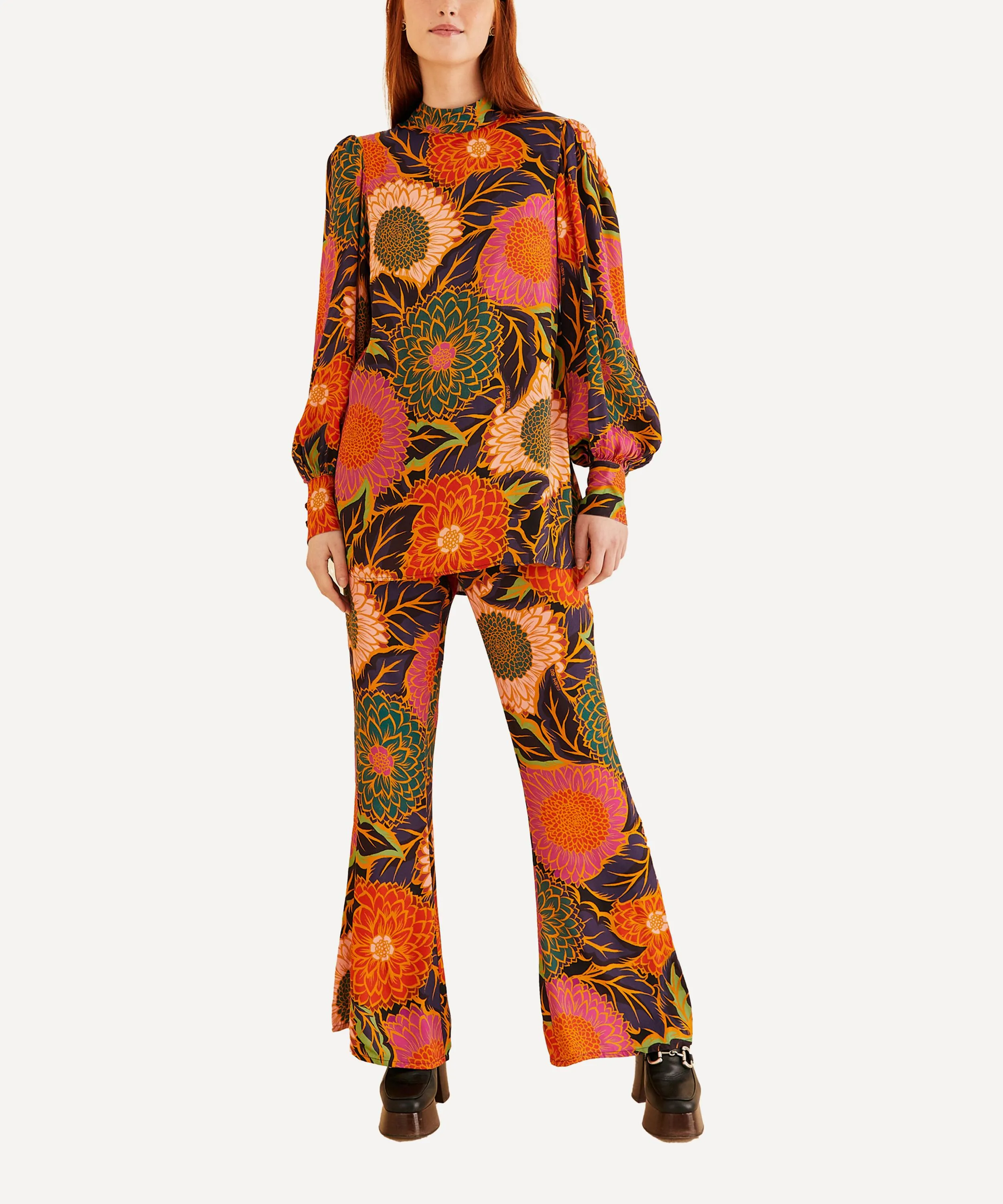 Multicolour Vintage Garden Satin Blouse Flared Trousers