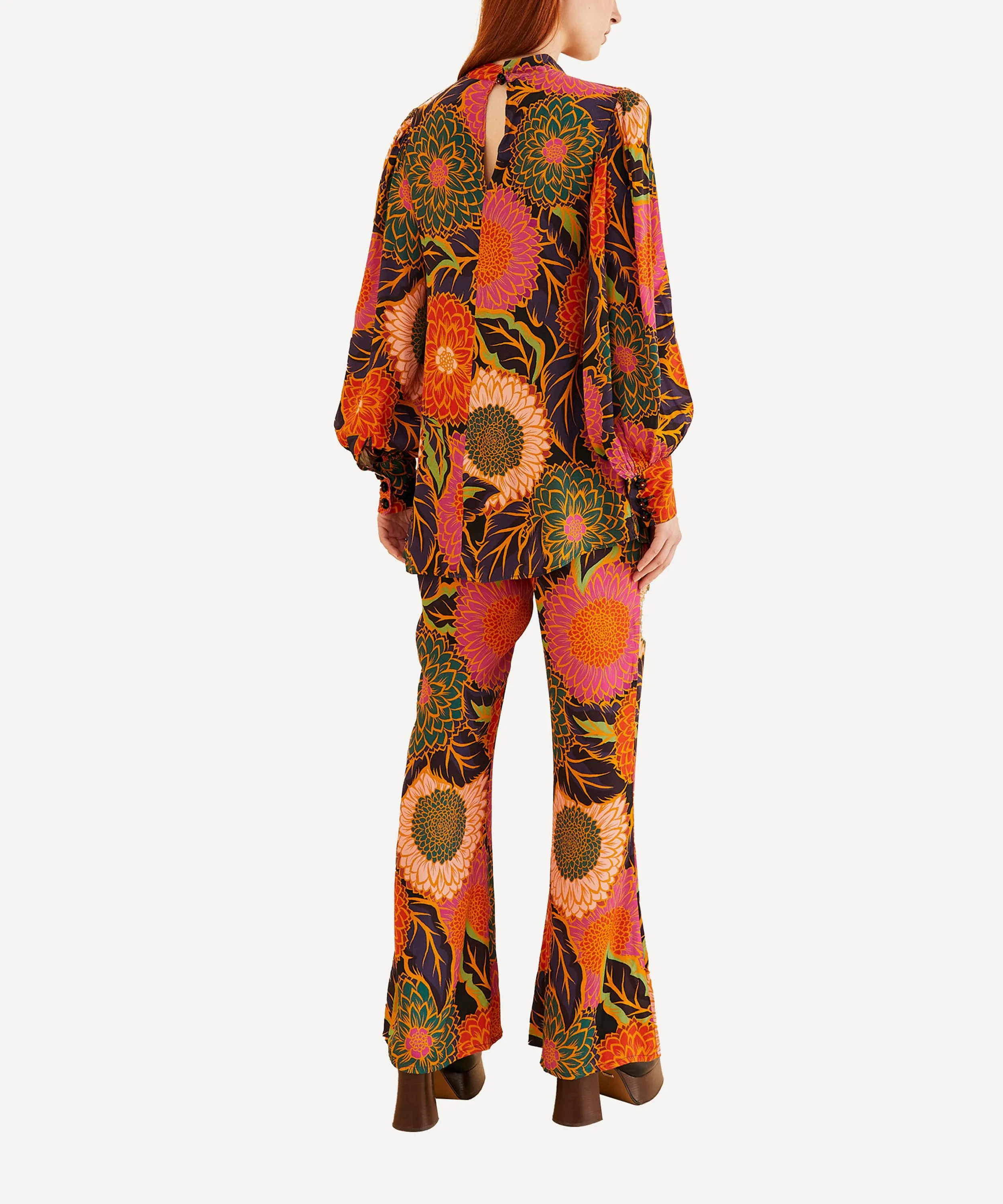 Multicolour Vintage Garden Satin Blouse Flared Trousers