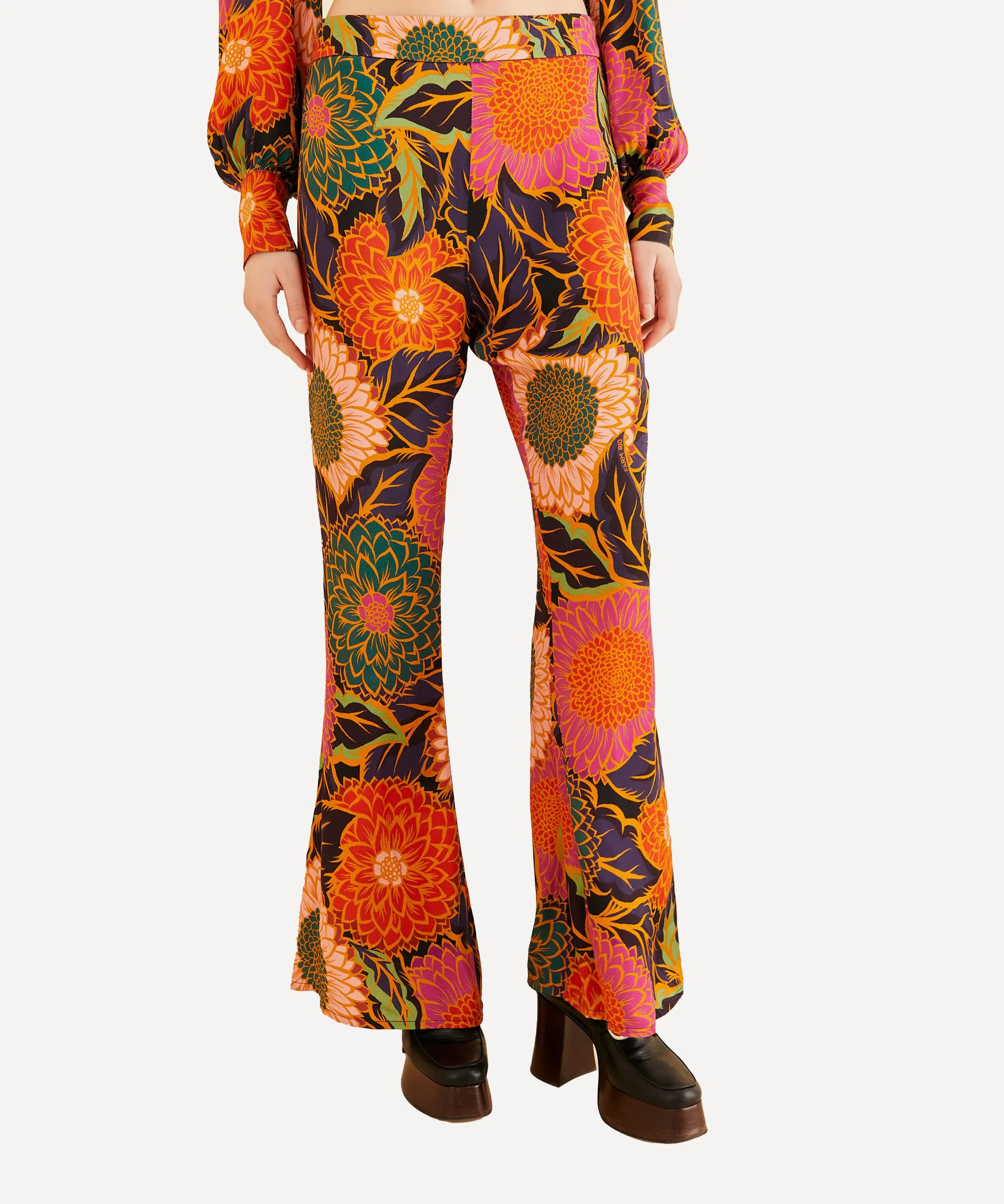 Multicolour Vintage Garden Satin Blouse Flared Trousers