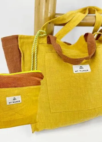 Mustard Linen Pack Shopper Bag + Toiletry Bag