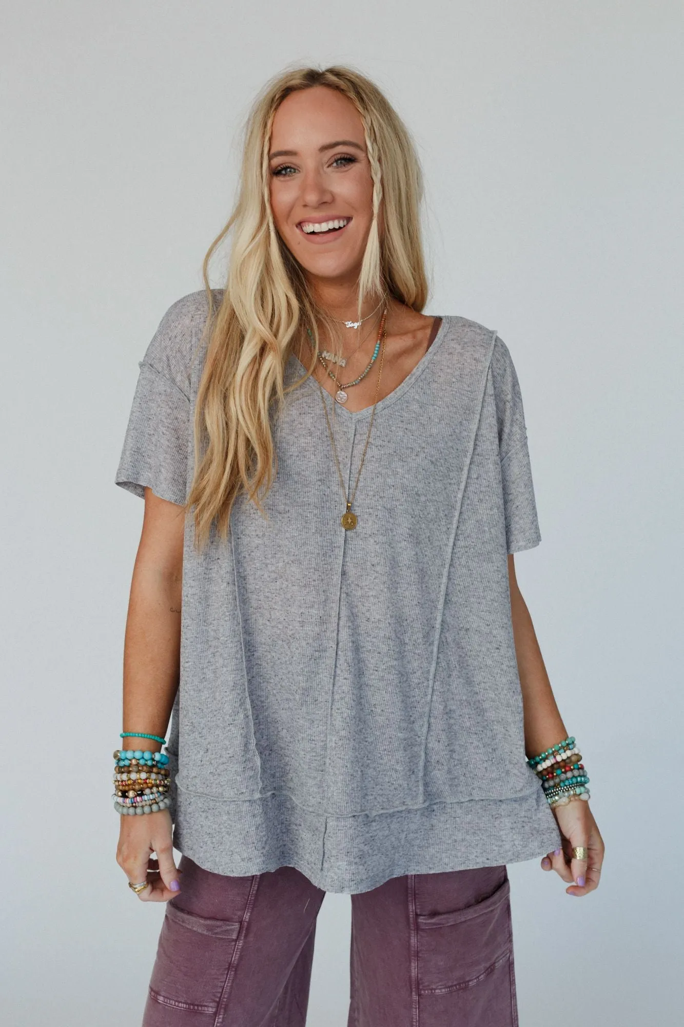 Ribbed Knit Top Cement Gray