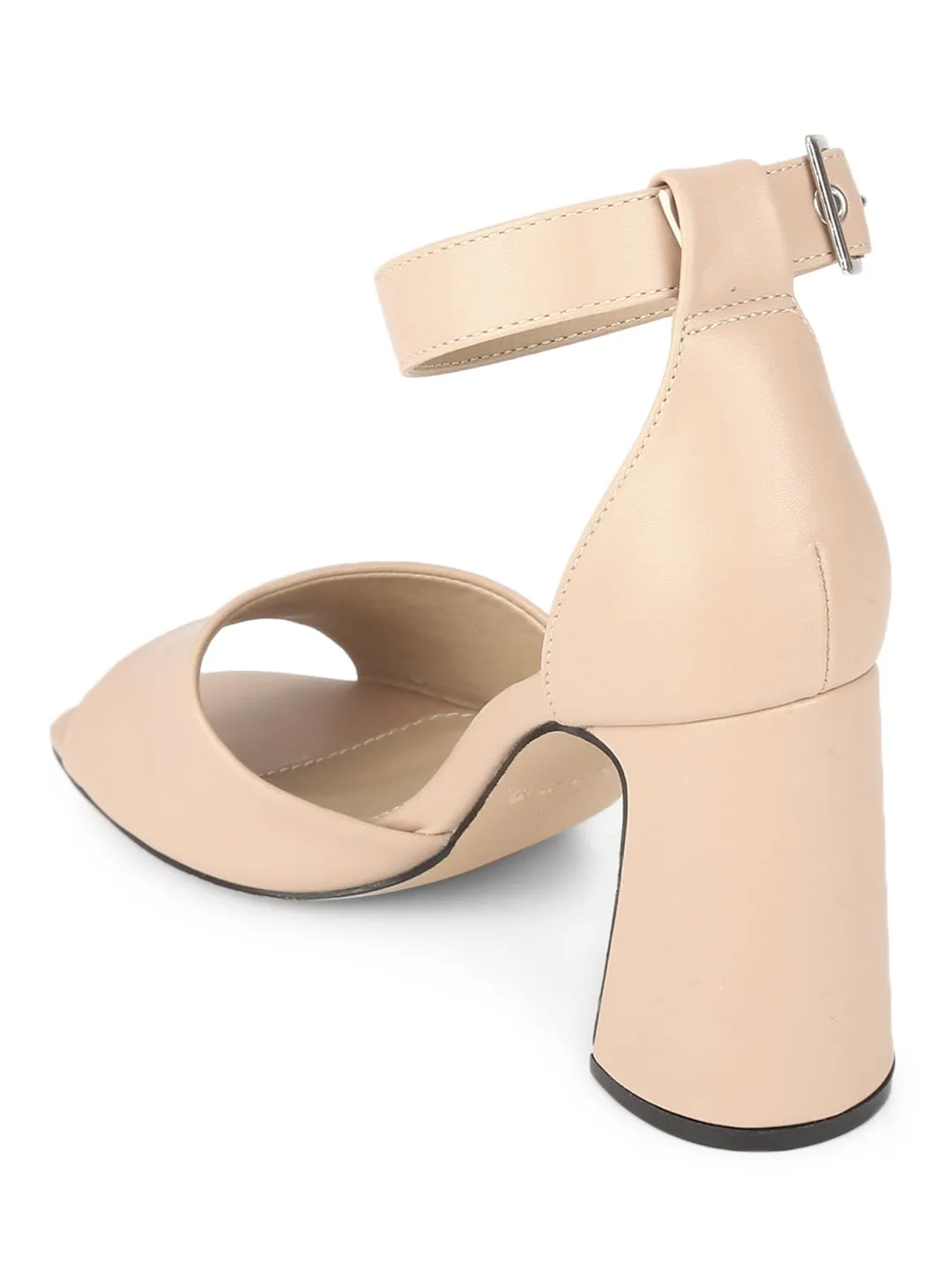 Nude PU Mid Block Heels with Buckle Strap