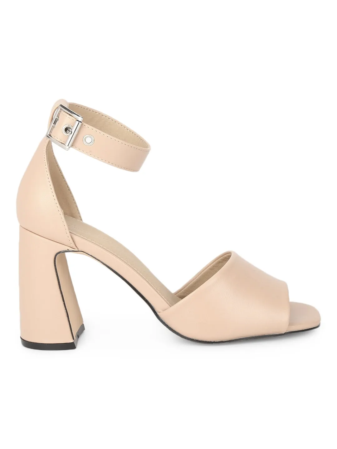 Nude PU Mid Block Heels with Buckle Strap