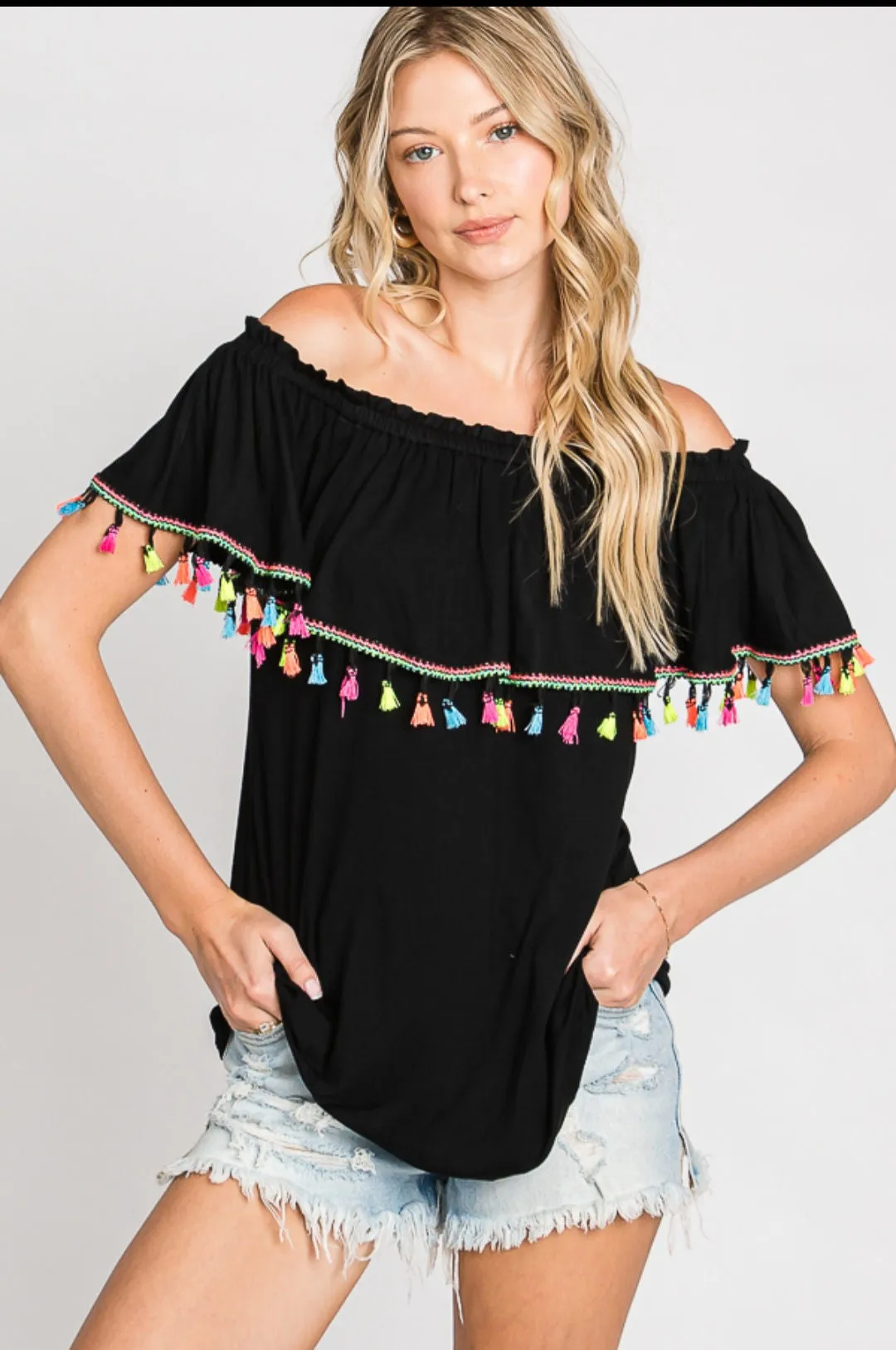 Off Shoulder Neon Tassel Top