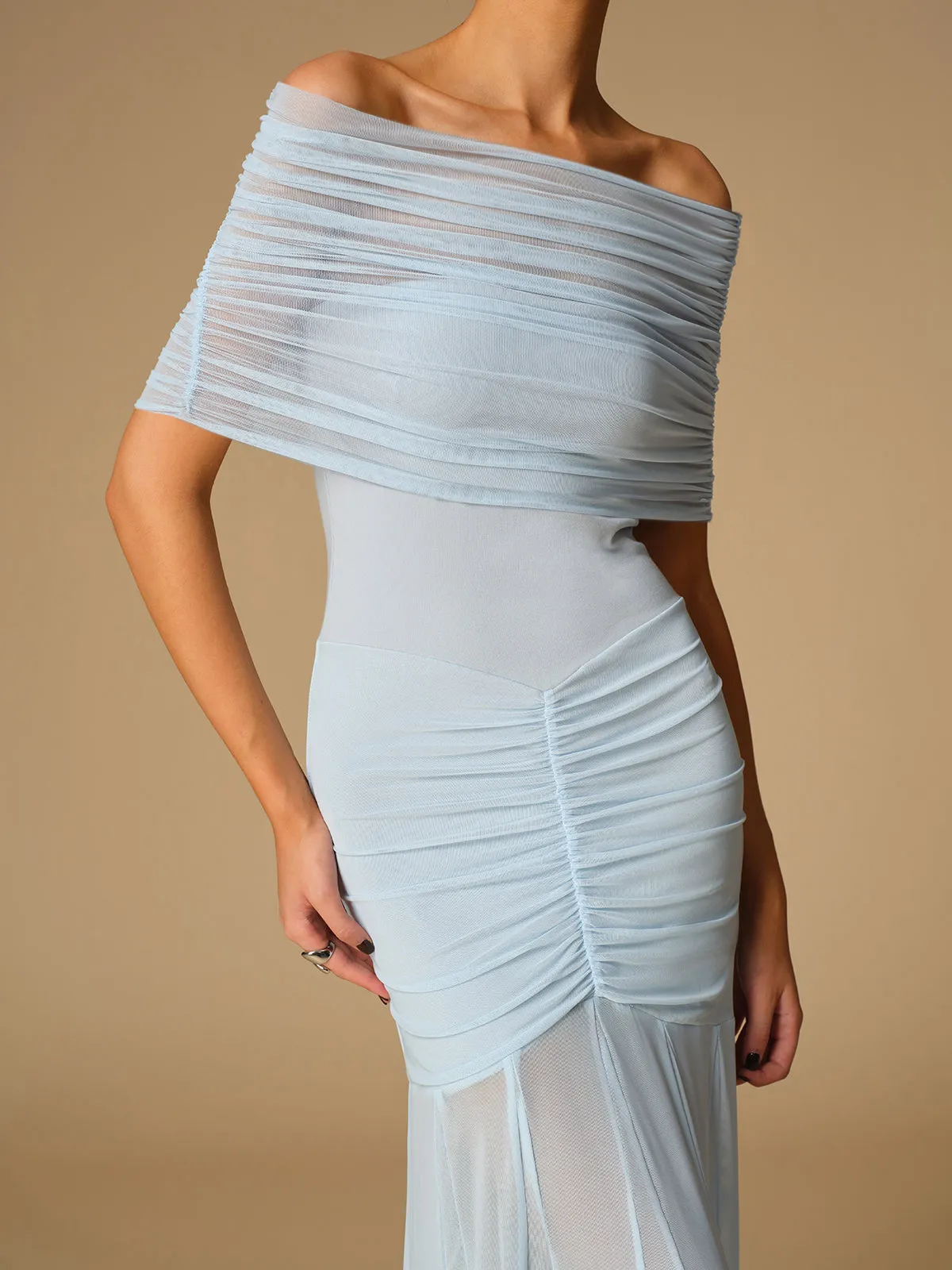 Off-Shoulder Ruched Semi-Sheer Dress