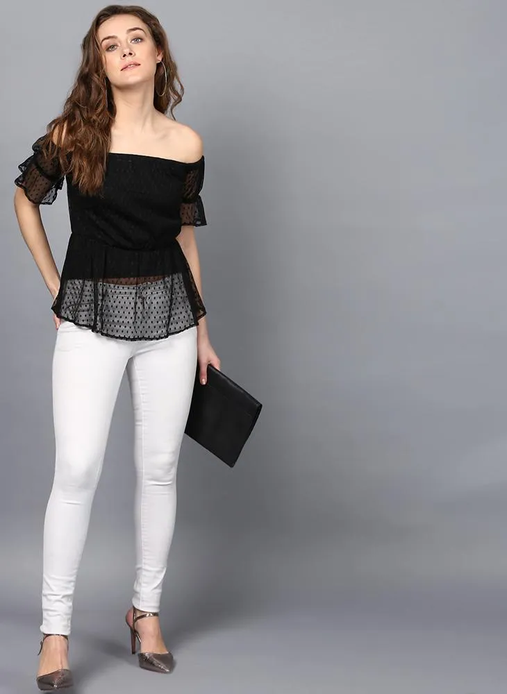 Dobby Net Frill Off Shoulder Top