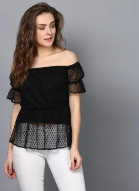 Dobby Net Frill Off Shoulder Top