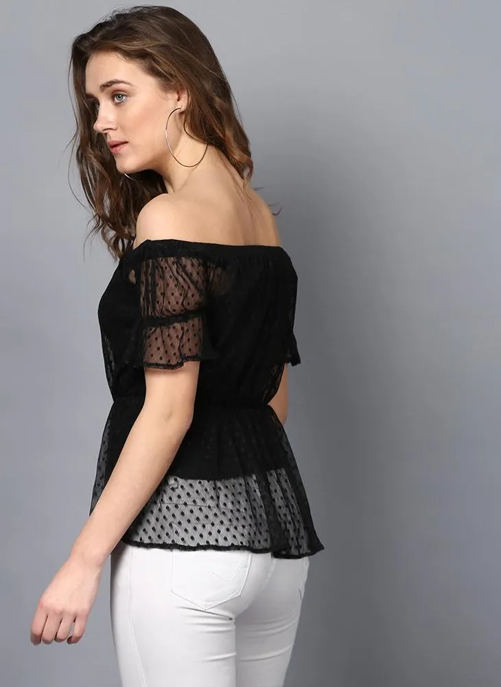 Dobby Net Frill Off Shoulder Top