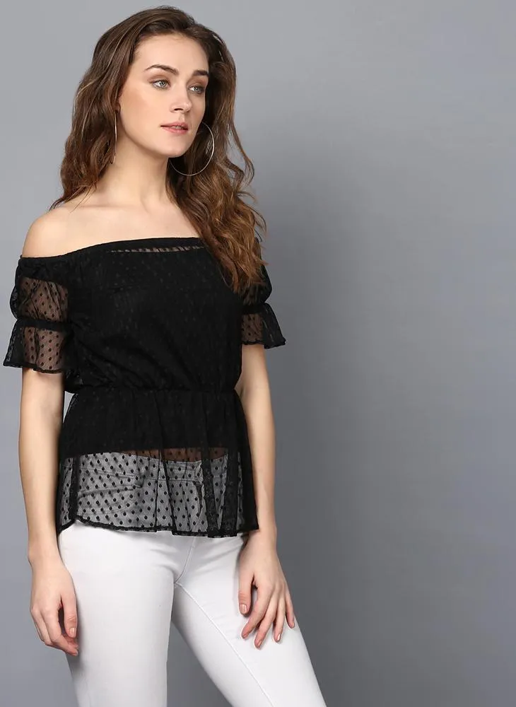 Dobby Net Frill Off Shoulder Top