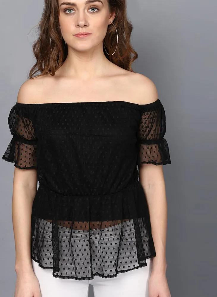 Dobby Net Frill Off Shoulder Top