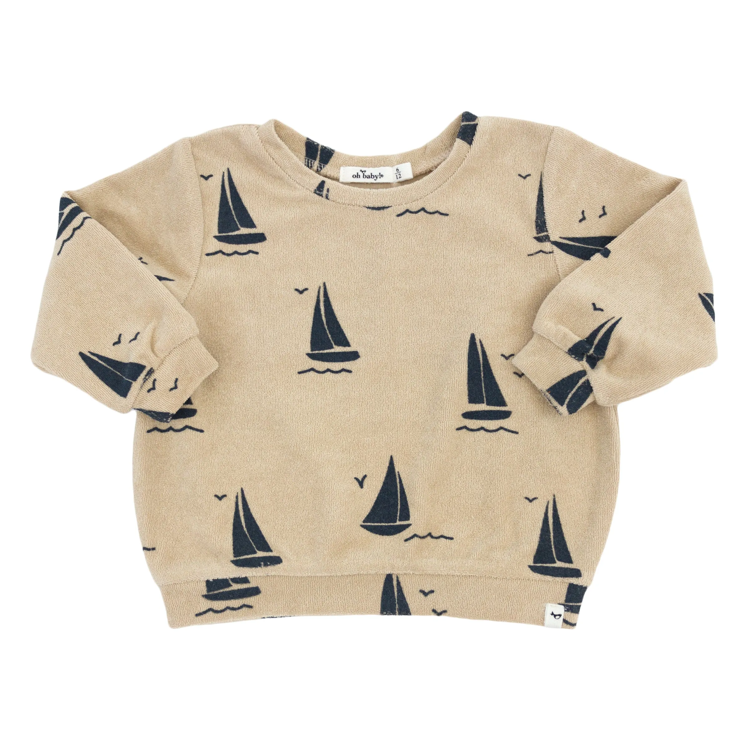 Cotton Terry Boxy Sweatshirt with Denim Sailboats Print in Sand