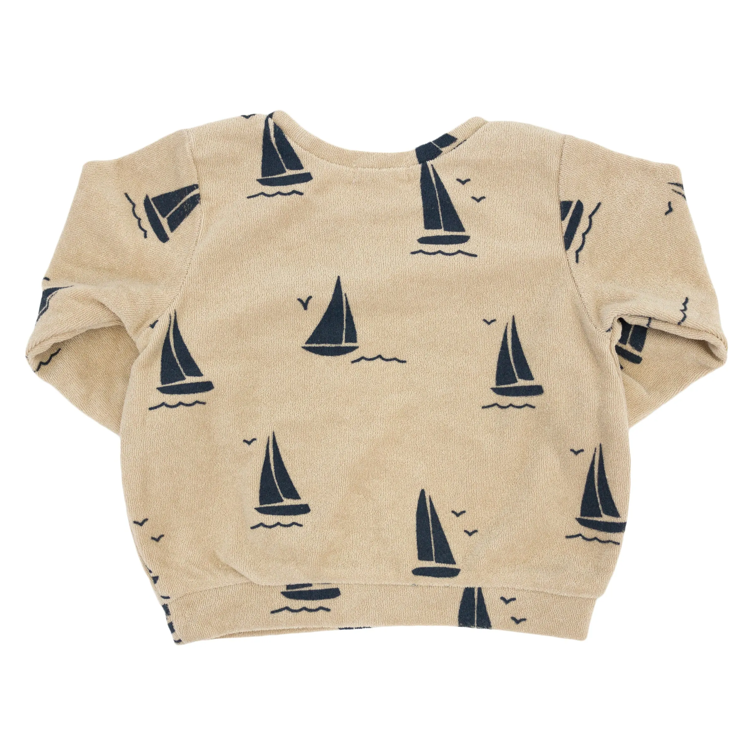 Cotton Terry Boxy Sweatshirt with Denim Sailboats Print in Sand