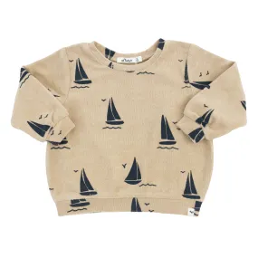 Cotton Terry Boxy Sweatshirt with Denim Sailboats Print in Sand