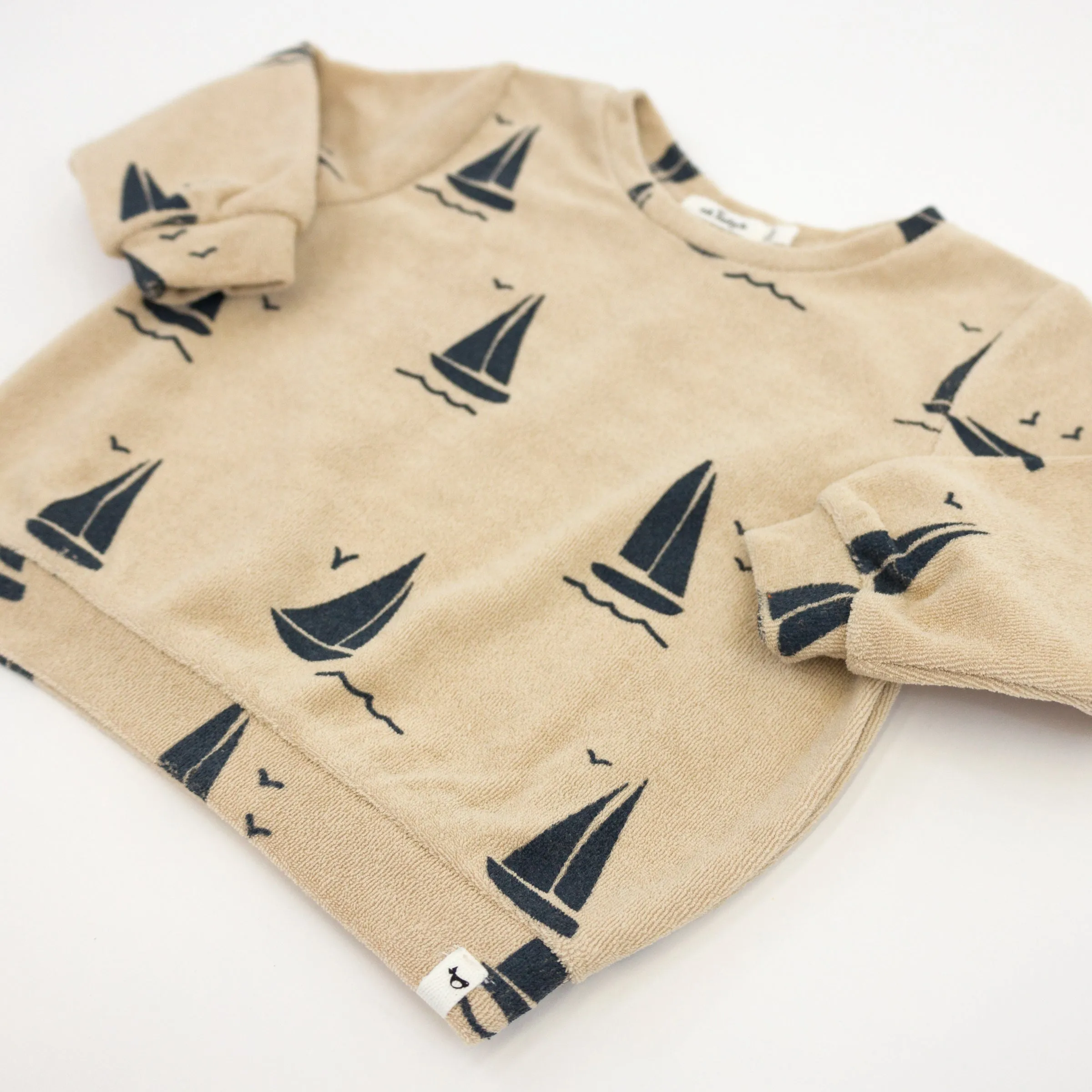 Cotton Terry Boxy Sweatshirt with Denim Sailboats Print in Sand