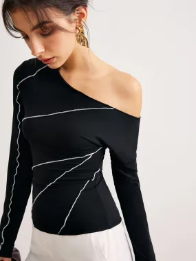 One-Shoulder Contrast Piping Skinny Blouse