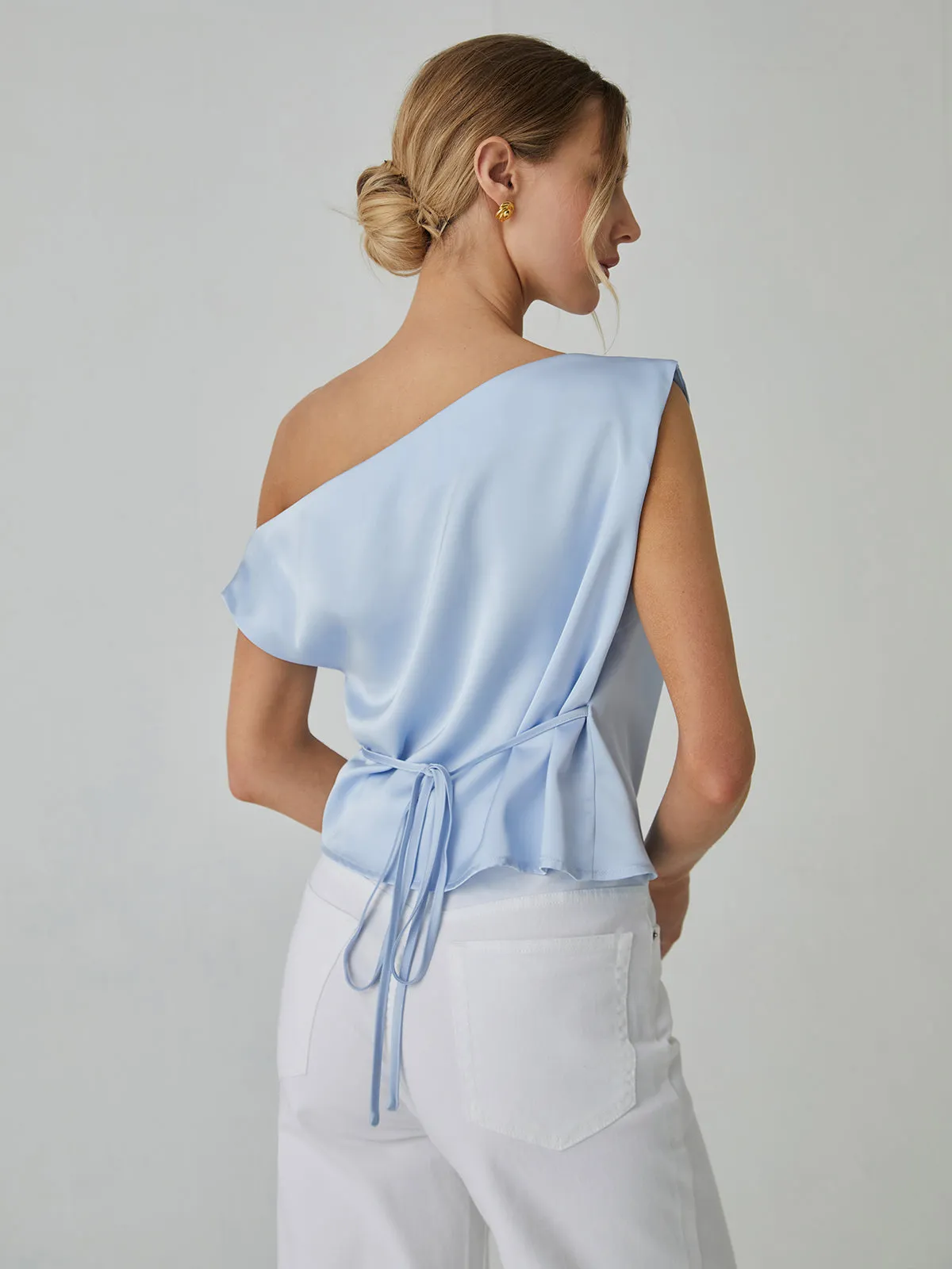 One Shoulder Off Knotted Blouse